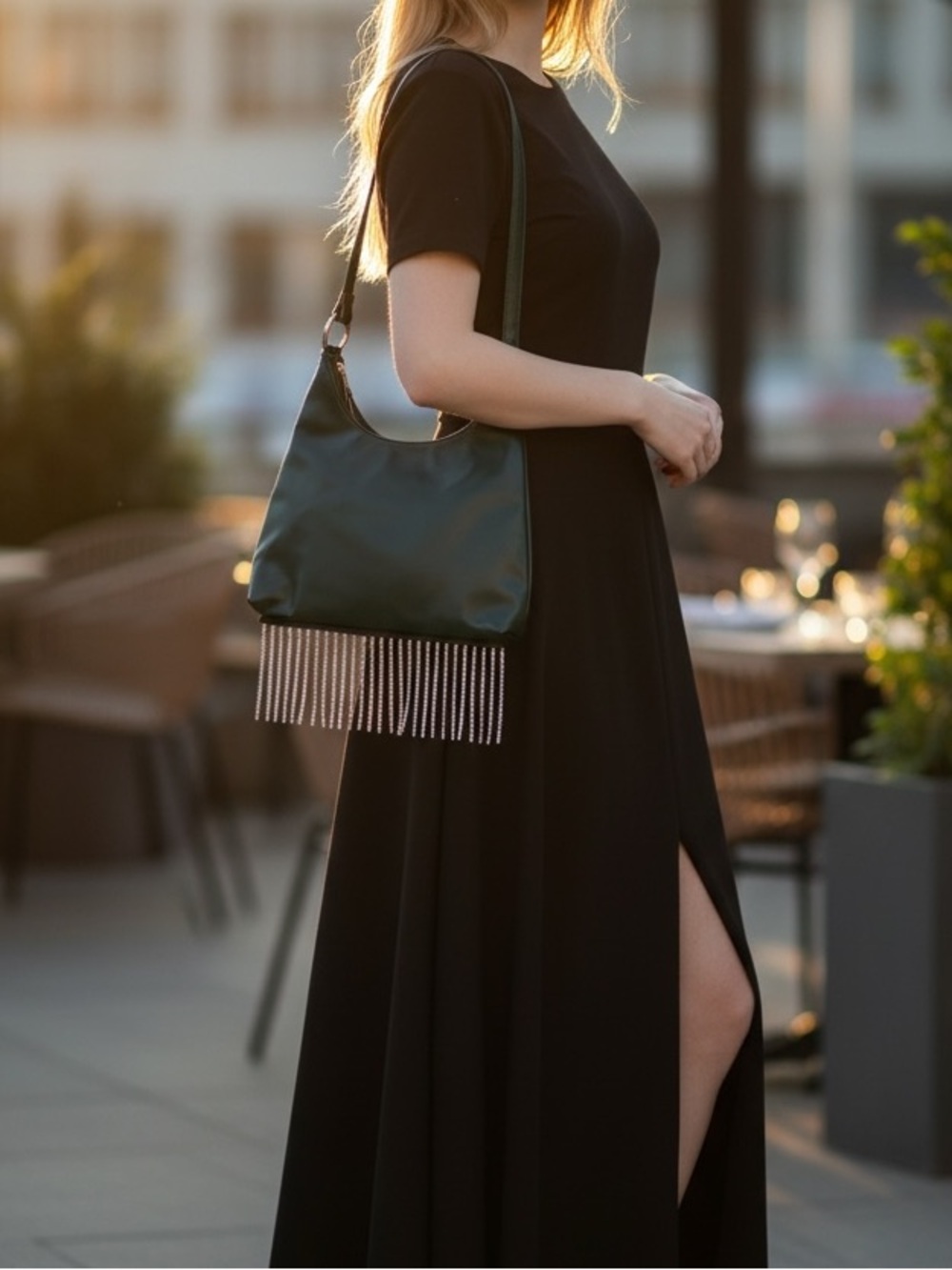 Beaded Crystal Fringe Evening Bag Emerald Green Shoulder Glamour Bag